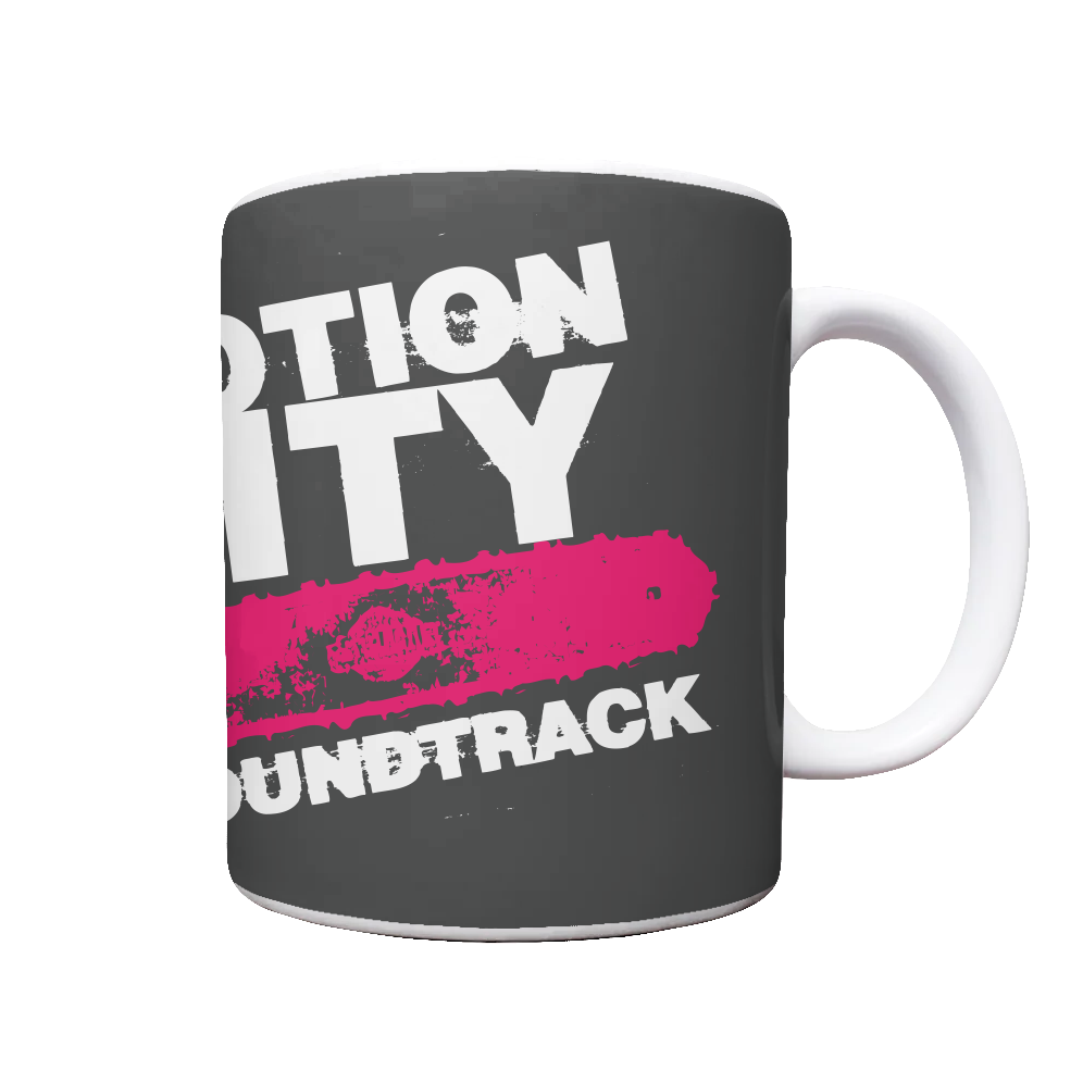 White mug with black background, MOTION CITY SOUNDTRACK in bold white lettering, pink chainsaw graphic.