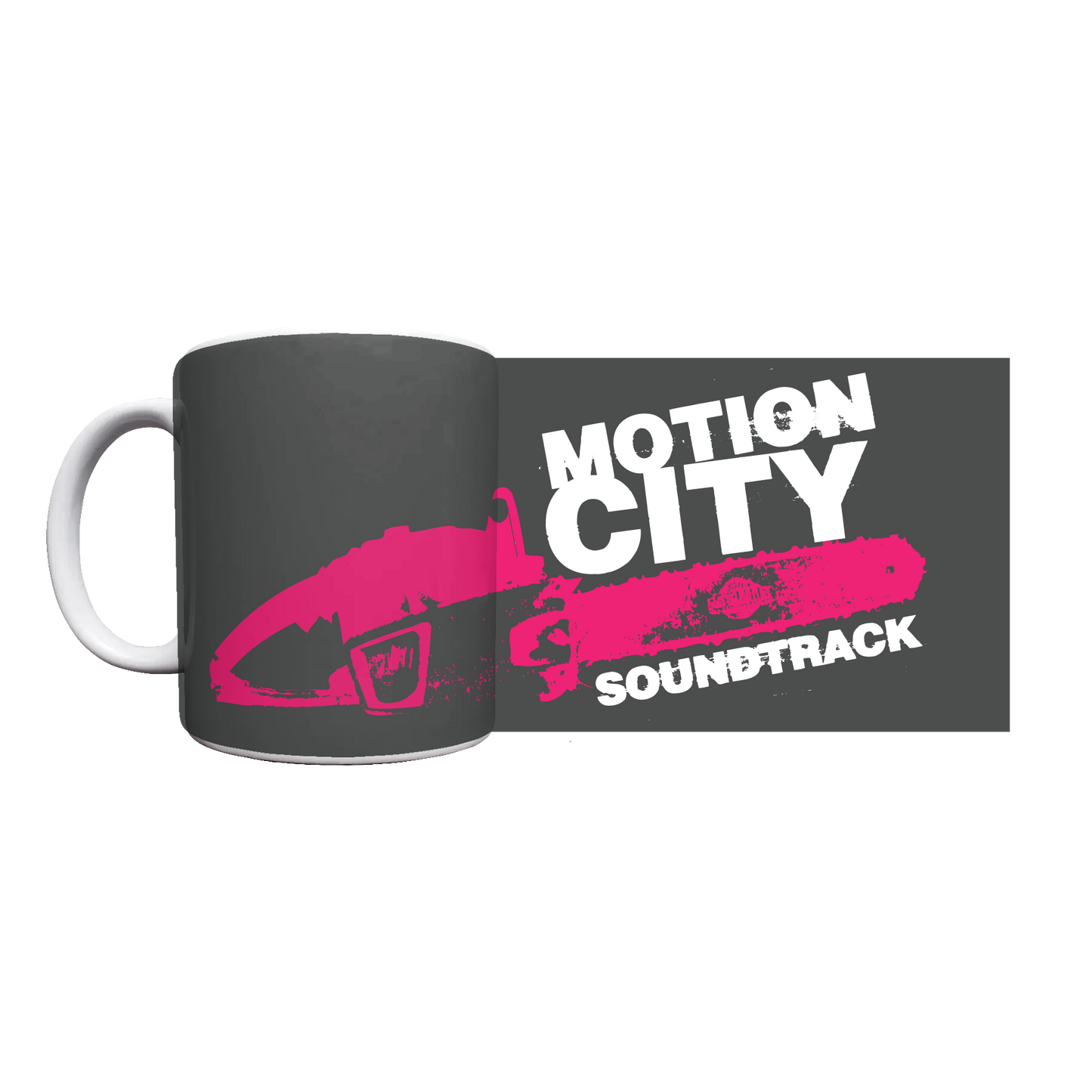 White mug with black background, MOTION CITY SOUNDTRACK in bold white lettering, pink chainsaw graphic.