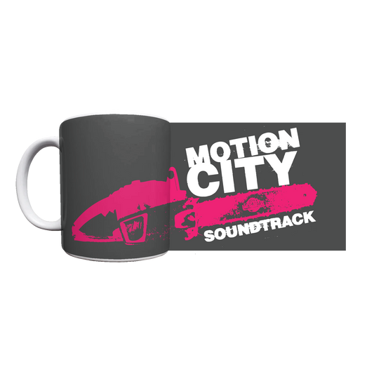 White mug with black background, MOTION CITY SOUNDTRACK in bold white lettering, pink chainsaw graphic.