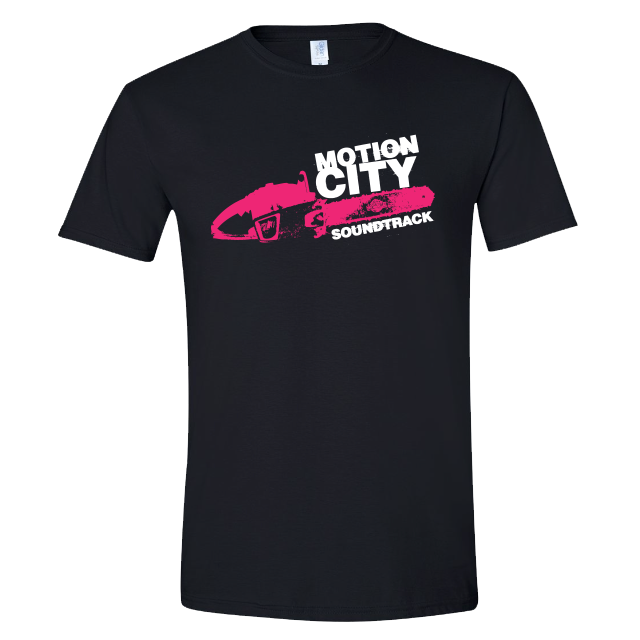Black tee with MOTION CITY SOUNDTRACK in white bold lettering, pink chainsaw graphic.