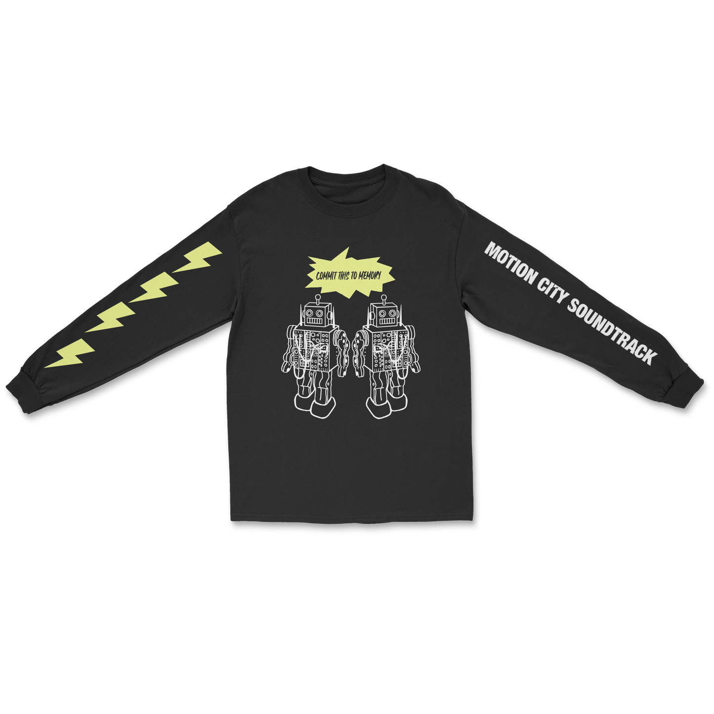 Black longsleeve tee, COMMIT THIS TO MEMORY in black lettering with a yellow background, two white robots graphic, MOTION CITY SOUNDTRACK in bold white lettering down the left sleeve, four yellow lightning bolts down the right sleeve.
