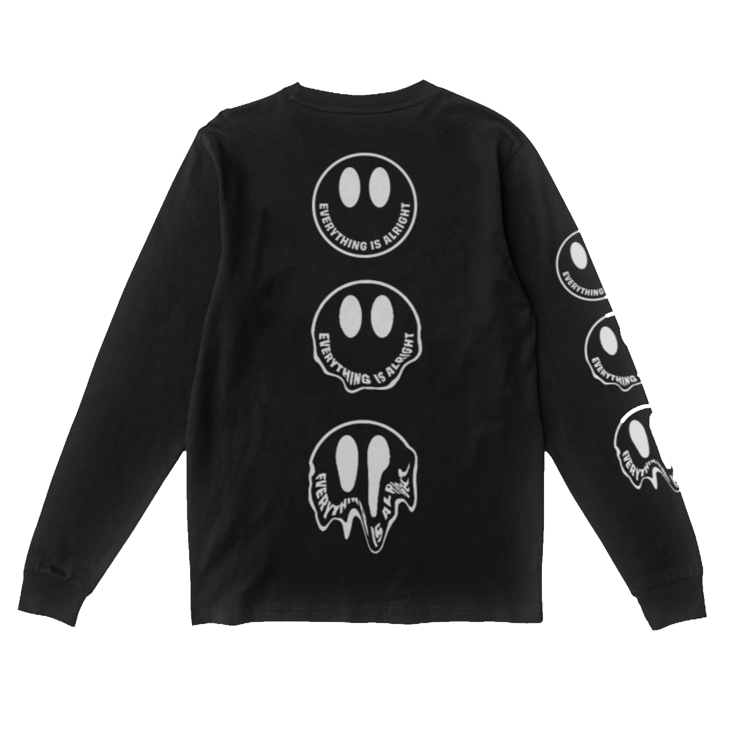 Black longsleeve tee, MOTION CITY SOUNDTRACK in bold white melting lettering on the top left front, three melting smiley facing with EVERYTHING IS ALRIGHT in bold white lettering as the smile on the back of the tee, three melting smiley facing with EVERYTHING IS ALRIGHT in bold white lettering as the smile on the right sleeve