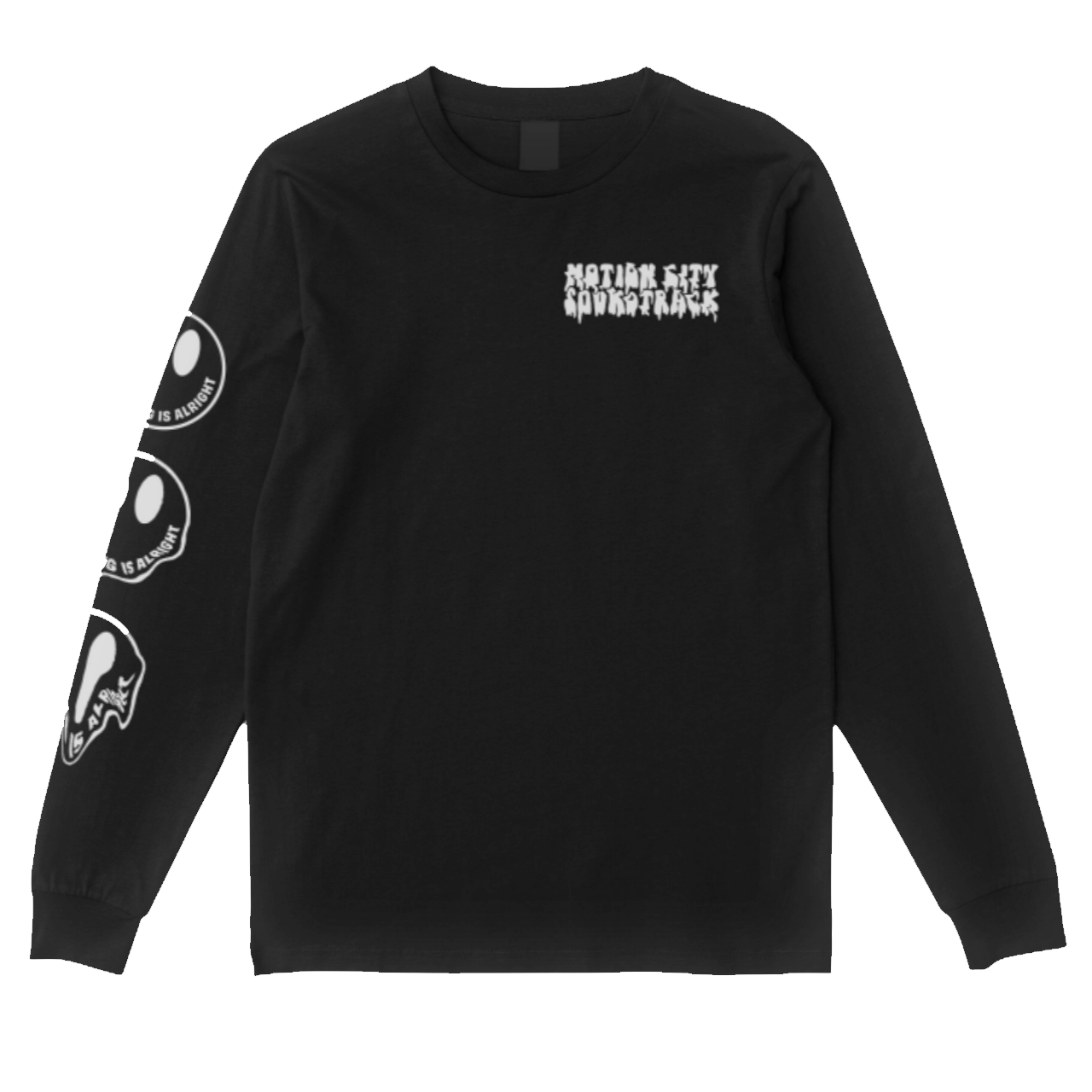 Black longsleeve tee, MOTION CITY SOUNDTRACK in bold white melting lettering on the top left front, three melting smiley facing with EVERYTHING IS ALRIGHT in bold white lettering as the smile on the back of the tee, three melting smiley facing with EVERYTHING IS ALRIGHT in bold white lettering as the smile on the right sleeve
