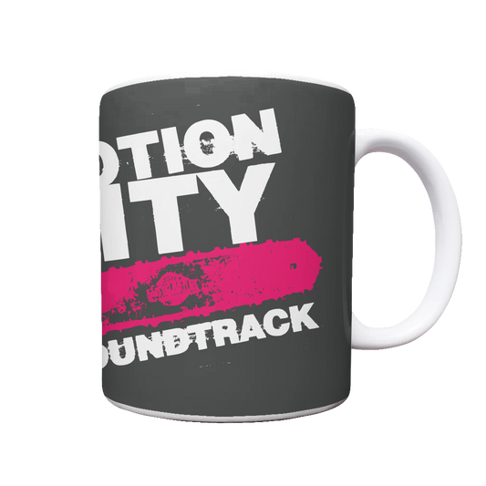 White mug with black background, MOTION CITY SOUNDTRACK in bold white lettering, pink chainsaw graphic.