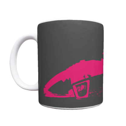 White mug with black background, MOTION CITY SOUNDTRACK in bold white lettering, pink chainsaw graphic.