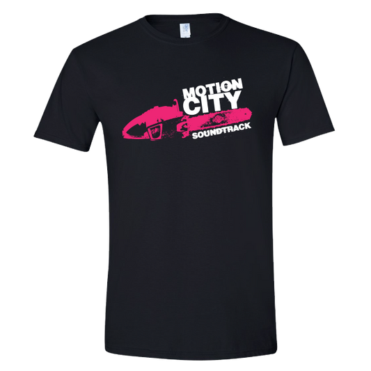 Black tee with MOTION CITY SOUNDTRACK in white bold lettering, pink chainsaw graphic.