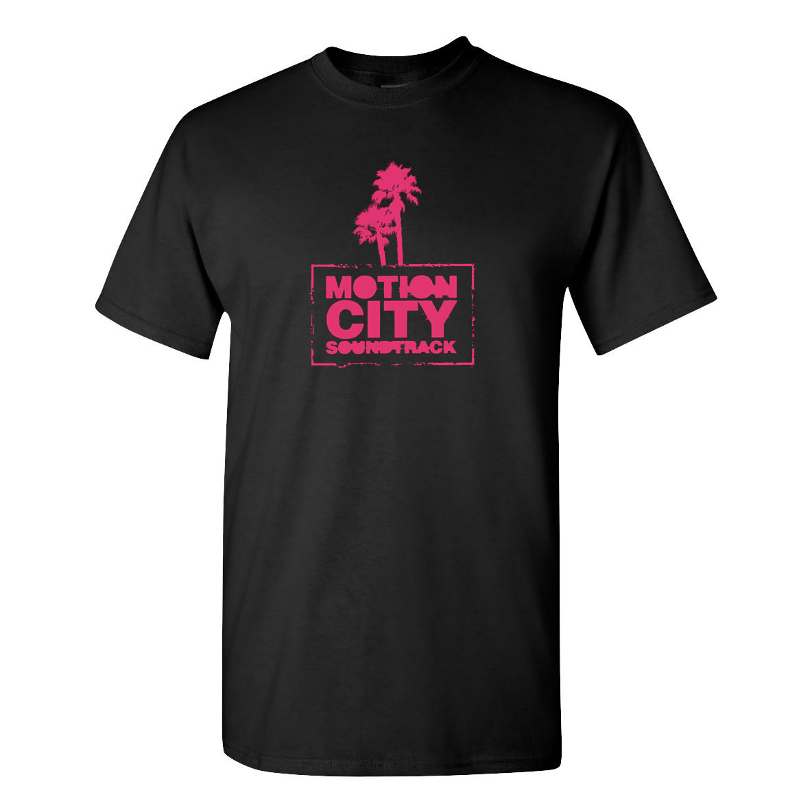 black tee with hot pink palm trees and Motion City Soundtrack logo