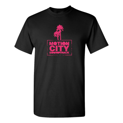 black tee with hot pink palm trees and Motion City Soundtrack logo