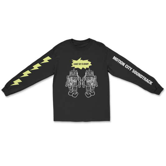 Black longsleeve tee, COMMIT THIS TO MEMORY in black lettering with a yellow background, two white robots graphic, MOTION CITY SOUNDTRACK in bold white lettering down the left sleeve, four yellow lightning bolts down the right sleeve. 