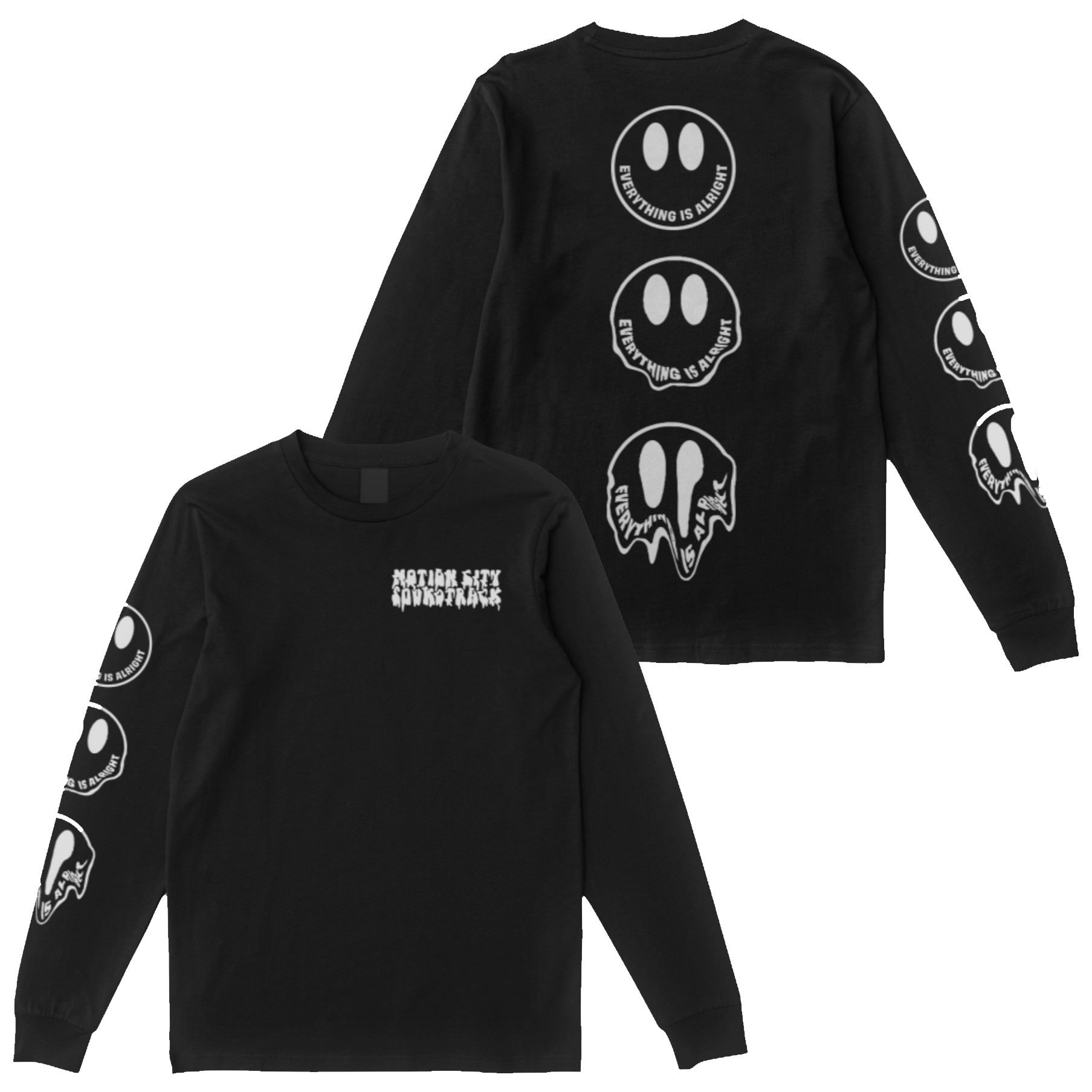Black longsleeve tee, MOTION CITY SOUNDTRACK in bold white melting lettering on the top left front, three melting smiley facing with EVERYTHING IS ALRIGHT in bold white lettering as the smile on the back of the tee,  three melting smiley facing with EVERYTHING IS ALRIGHT in bold white lettering as the smile on the right sleeve
