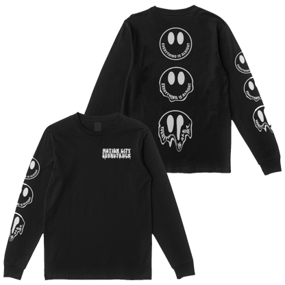 Black longsleeve tee, MOTION CITY SOUNDTRACK in bold white melting lettering on the top left front, three melting smiley facing with EVERYTHING IS ALRIGHT in bold white lettering as the smile on the back of the tee,  three melting smiley facing with EVERYTHING IS ALRIGHT in bold white lettering as the smile on the right sleeve