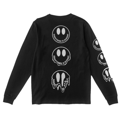 Black longsleeve tee, MOTION CITY SOUNDTRACK in bold white melting lettering on the top left front, three melting smiley facing with EVERYTHING IS ALRIGHT in bold white lettering as the smile on the back of the tee, three melting smiley facing with EVERYTHING IS ALRIGHT in bold white lettering as the smile on the right sleeve