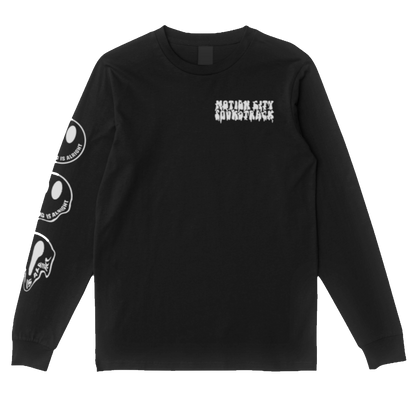 Black longsleeve tee, MOTION CITY SOUNDTRACK in bold white melting lettering on the top left front, three melting smiley facing with EVERYTHING IS ALRIGHT in bold white lettering as the smile on the back of the tee, three melting smiley facing with EVERYTHING IS ALRIGHT in bold white lettering as the smile on the right sleeve